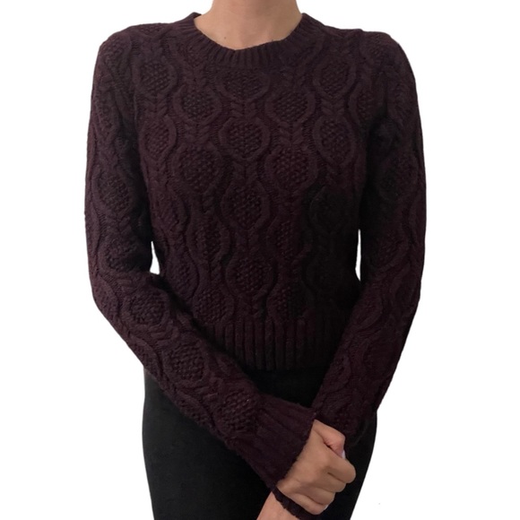 Burgundy Red Oversized Cable Knit Long Sleeve Crewneck Pullover Sweater main image 1